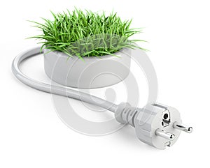 Green energy concept with plug and round pot with grass.