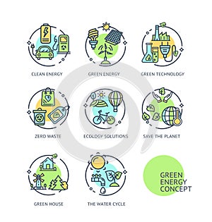 Green Energy Concept Thin Line Icons Labels Set. Vector