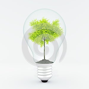 Green energy concept, tree inside light bulb 3d render