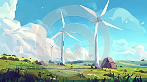 Green energy concept with wind turbines in the sky. Modern illustration with realistic white vane windmills and blue sky