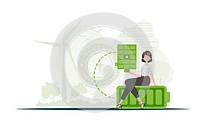 Green energy concept. A woman sits on a battery and holds a solar panel in her hands. Vector illustration.