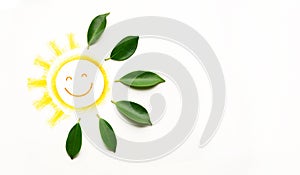 Green Energy Concepts. Smiling Sun with Green Leaf as Bright Shining Sun. Carbon Neutral and Emission ,ESG for Clean Energy.