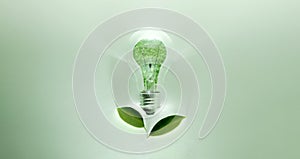 Green Energy Concepts. Wireless Light Bulb with Green Leaf as Sign of Light On. Carbon Neutral and Emission ,ESG for Clean Energy