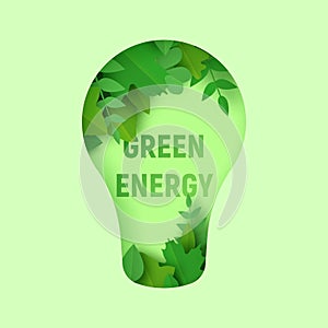 Zelený energia  trojrozmerný umenie ilustrácie lampa a znížiť zelené listy. a príroda 
