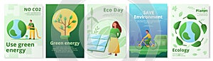 Green energy. Earth planet. Save environment. Recycle concept. Eco Day card. Environmental posters set. Ecology electric