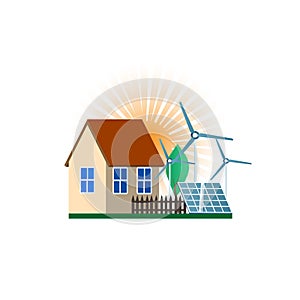 Green energy and eco friendly house. Solar panel and windmill. Vector illustration