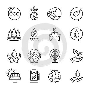 Green energy and eco friendly icon collection on outlined vector