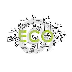 Green energy, ecology lifestyle, recycle. Vector design template in linear style