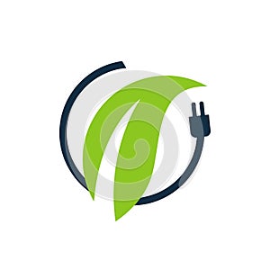 Green energy electric plugs and leaves logo vector icon design template