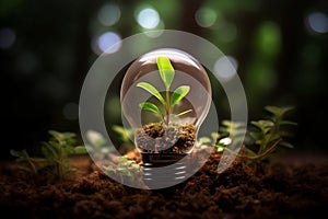 green energy electricity with light bulb and green leaf with soil and green tropical forest, generative AI