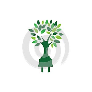 Green energy electricity logo concept. Electric plug icon with tree.