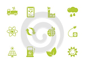Green energy environment icons set flat style