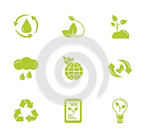 Green energy environment icons set flat style