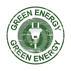 Green energy grunge stamp with plug sign, eco friendly design, power energy saving symbol, isolated on white background, vector il