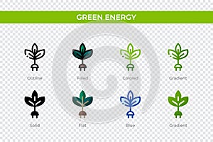 Green energy icon in different style. Green energy vector icons designed in outline, solid, colored, filled, gradient, and flat