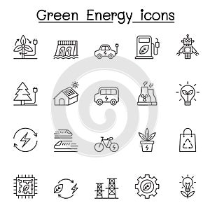 Green energy icons set in thin line style