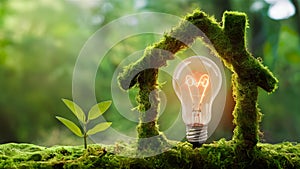 Green Energy Idea: Lightbulb in Mossy Abode. Concept Renewable Energy, Sustainable Living, Green