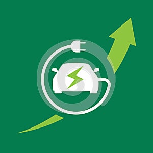 Green energy illustration. An electric car and an electric plug against the background of a growing arrow as a symbol of
