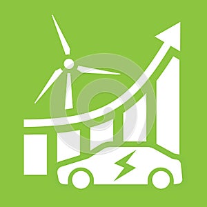 Green energy illustration. Electric car, wind generator and growth graph. Electric transport and renewable energy