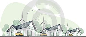 Green energy illustration. Modern eco privat houses. Houses with windmill and solar pannels .Eco Home Powered by Green