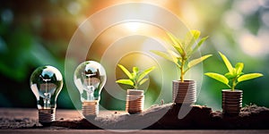 Green energy investment concept depicted through a light bulb containing a growing tree and plants on top of money