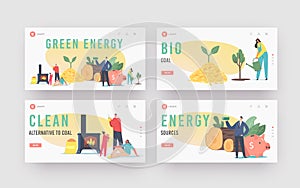 Green Energy Landing Page Template Set. People Use Bio Coal. Family Characters Heating Home with Biological Coal