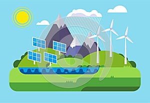 Green energy, landscape, ecology. Flat design concept illustration.