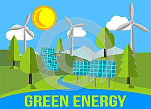 Green Energy Landscape With Renewables - Solar Panels And Windmills