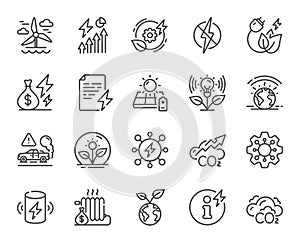 Green energy line icons. Warm climate, Sustainable power and Antistatic set. Vector