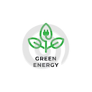 Green energy logo concept with leaf and electric plug symbol