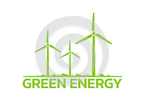 Green energy logo or icon with wind turbines. Renewable and clean energy symbol with modern windmills. Vector illustration