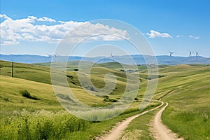 Green Energy. Modern Wind Turbines, on Hilly Terrain