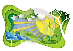 Green energy with nature landscape paper carve concept photo