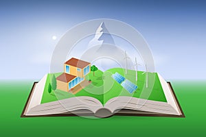 Green energy on a pages of an open book