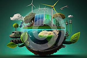 Green energy planet earth with solar panels , windmills and green nature areas