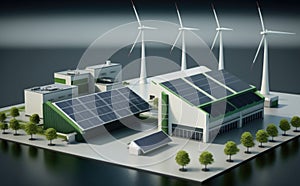 Green energy power plant representation. Production of electricity or green hydrogen with wind generators and solar panels.