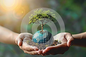 Green energy savior Hand holds tree on globe with solar cell