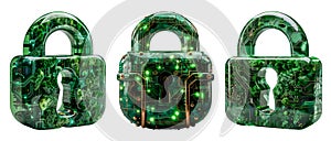 Green energy security padlock icon, three padlocks depicting a secure energy environment, isolated on a transparent background