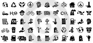 Green Energy Silhouette Icon Set. Solar Electric Renewable Power. Save Environmental Ecology Glyph Pictogram. Eco House