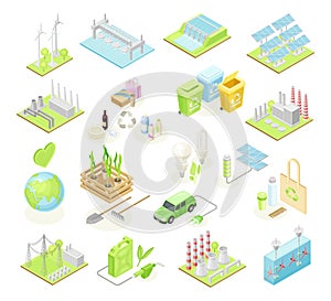 Green Energy with Solar Panels, Wind Generator and Hydro Power Station Isometric Big Vector Set