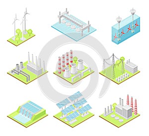 Green Energy with Solar Panels, Wind Generator and Hydro Power Station Isometric Vector Set