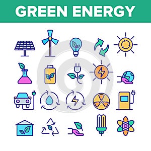 Green Energy Sources Vector Linear Icons Set
