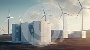 Green energy storage system, wind farm battery. Ai generated