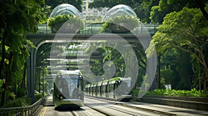 A green energy streetcar travels down a lush urban avenue, highlighting the fusion of green transportation solutions