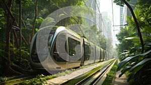 A green energy streetcar travels down a lush urban avenue, highlighting the fusion of green transportation solutions