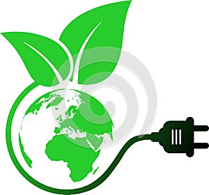 Green energy symbol in the form of a wire with a plug socket and a leaf and planet Earth as a renewable energy concept