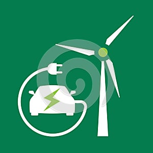 Green energy symbols - an electric car with an electric charging cable and a wind generator. Electric transport