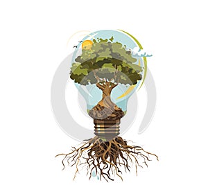 Green energy vector illustration. Light bulb with tree inside, roots like electricity outside. Concept of eco