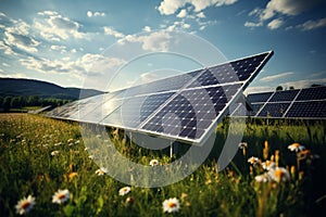 Green energy vision photovoltaic solar panel in a clean, lush field