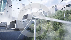 Green energy, wind turbine. Futuristic city. flying car traffic. Future concept. 3d rendering.
